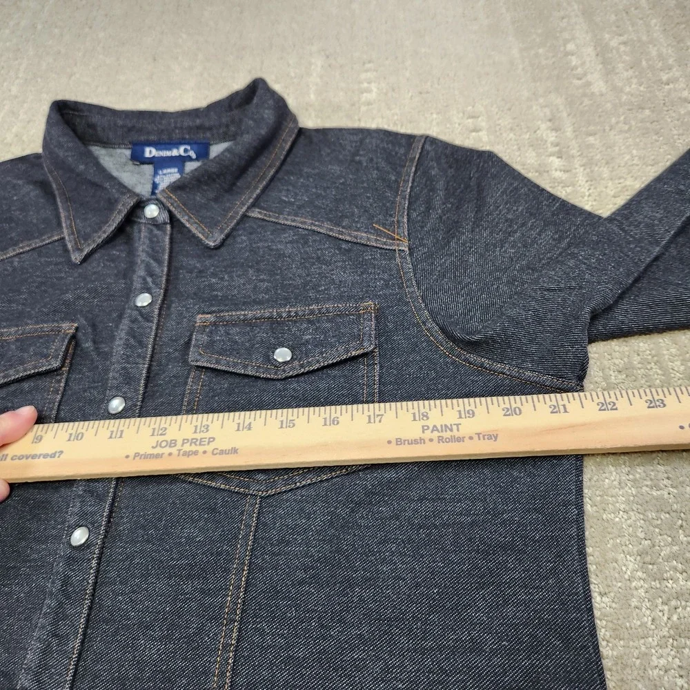 Denim & Co Pearl Snap Shirt Women Large Soft‎ Stretch Denim Dark Cowgirl Rodeo